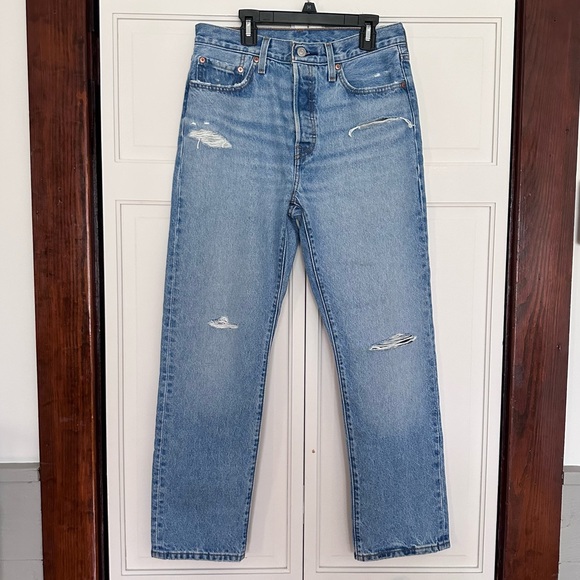 Levi's Denim - Levi’s 501 light wash high waisted button fly distressed straight leg Jean 28